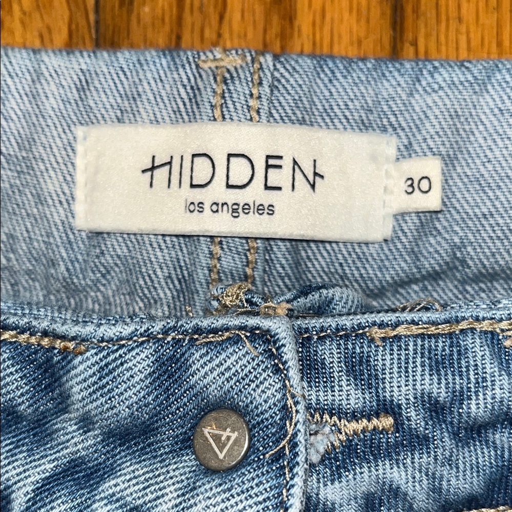 Hidden Fold Over Waist Wide Leg Distressed Denim Blue Jeans Size 30 - Picture 2 of 9